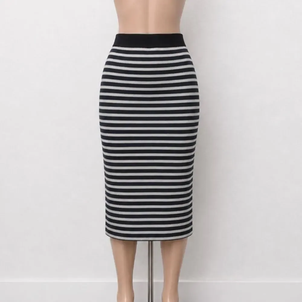 Michael Kors Black & White Striped Stretch Bodycon Tube Maxi Skirt XXS